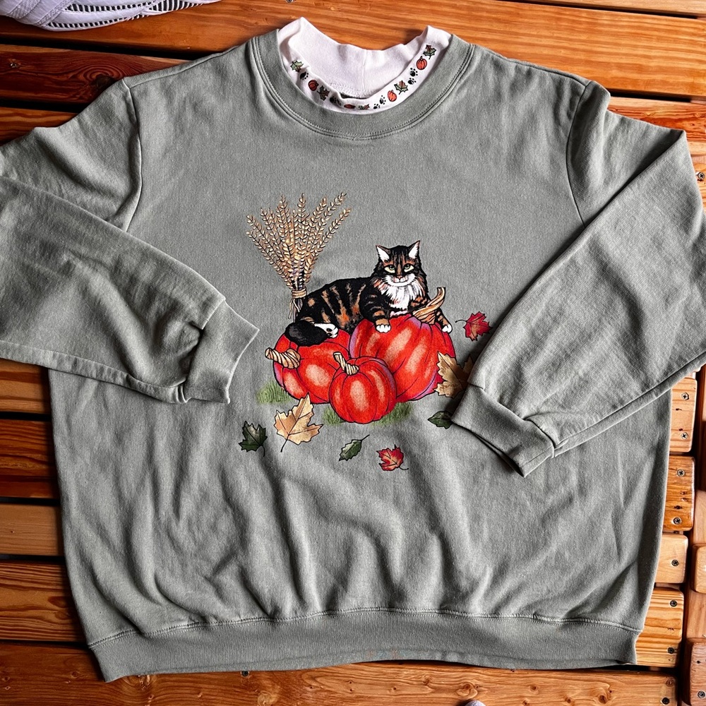 Vintage Sage Green Pumpkin Cat Fall Sweatshirt | Autumn Graphic Crewneck 3XL